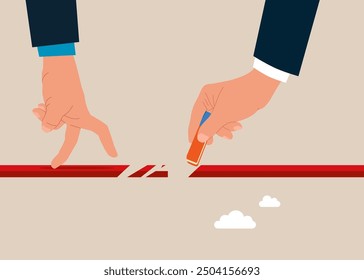 Businessman removed bridge with eraser. Gap in business. Vector illustration