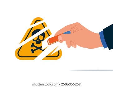 Businessman removed danger sign with eraser. Flat vector illustration