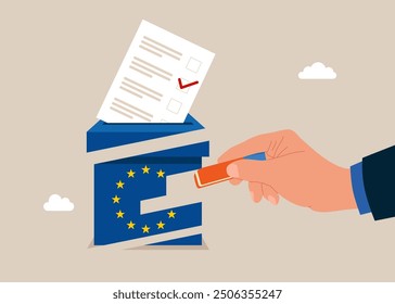 Businessman removed election box with eraser. Voting in European Union. Paper ballots to election box. Democracy Freedom Concept. Flat vector illustration