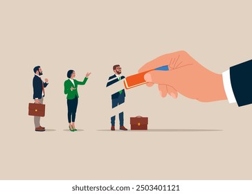 Businessman removed employee with eraser. Losing job, unemployment, finance crisis. Modern vector illustration in flat style