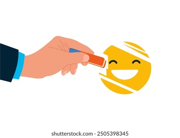 Businessman removed happy smiling face with eraser. Modern vector illustration in flat style 