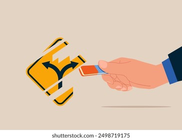 Businessman removed his way with eraser. Fear of change. Uncertainty. Searching a path. Modern vector illustration in flat style 