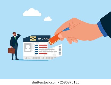 Businessman removed ID card with eraser. Modern vector illustration in flat style. 