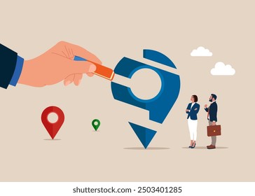 Businessman removed new location office with eraser. Remote job or distance work, virtual office or working anywhere, freelancer or online office.  Flat vector illustration