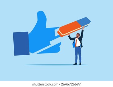 Businessman removed thumb up with eraser. Stress and failure. Modern vector illustration in flat style 
