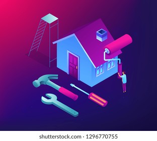 Businessman renovating house with paint roller and DIY home repair tools. DIY repair, do it yourself service, self-service learning concept. Ultraviolet neon vector isometric 3D illustration.