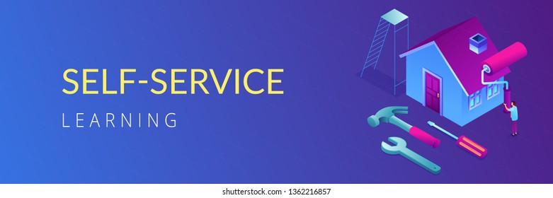 Businessman renovating house with paint roller and DIY home repair tools. DIY repair, do it yourself service, self-service learning concept. Isometric 3D banner header template copy space.