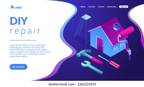 Businessman renovating house with paint roller and DIY home repair tools. DIY repair, do it yourself service, self-service learning concept. Isometric 3D website app landing web page template