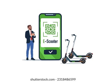 Empresario con alquilar e-scooter, teléfono y código QR. Estación de motocicletas de Electro. Transporte ecológico de la ciudad. Ilustración del vector