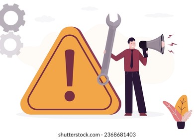 Businessman or repairman with loudspeaker and wrench stands near warning sign. Methods and possibilities for solving difficulties or problems, technical support, overcoming obstacles, faq, support.