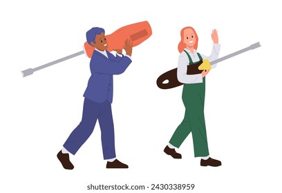Businessman and repairwoman cartoon characters wearing uniform holding giant work tool isolated set