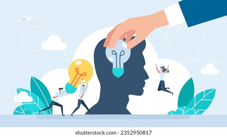 A businessman replaces a light bulb in head. Updating ideas. Wisdom, knowledge or creativity to solve problems, intelligence. Replace new lightbulb idea on the brain in his head. Vector illustration