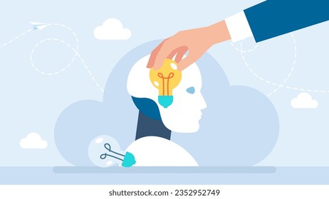 A businessman replaces a light bulb in robot head. Software update, artificial intelligence, AI, cyborg, humanoid. Wisdom, knowledge or creativity to solve problem, intelligence. Vector illustration