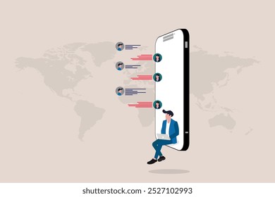 Businessman responder chat. conceito de Comunicação aplicação móvel tela de bate-papo, segurando smartphones, mensageiro, mensagens de texto à distância