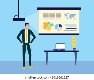 businessman report chart video presentation laptop office work vector illustration