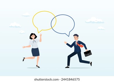 Businessman represent brand talk with customer as linked speech bubble, customer engagement, emotional connection between customer and brand, loyalty, consumer trust or deep relationship (Vector)