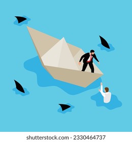 Businessman rescues another businessman from sharks isometric 3d vector illustration concept for banner, website, illustration, landing page, flyer, etc