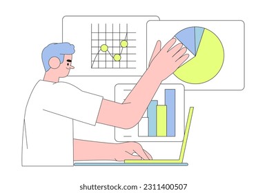 Businessman research market on laptop and search solutions, strategies and ways of company business improvement. Economic strategy, analysis of sales, statistic, data collection and management.