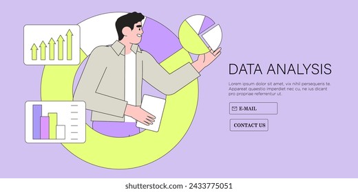 Businessman research market and search solutions, strategies and ways of company business improvement. Economic insight, sales prediction, data collection and management. Flat vector illustration.