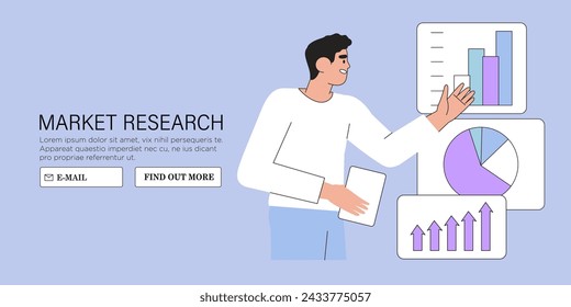 El hombre de negocios investiga el mercado y busca soluciones, estrategias y formas de mejorar el negocio de la empresa. Perspectiva económica, predicción de ventas, recopilación y gestión de datos. Ilustración vectorial plana.