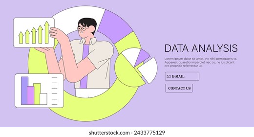 Businessman research market and search solutions, strategies and ways of company business improvement. Economic insight, sales prediction, data collection and management. Flat vector illustration.