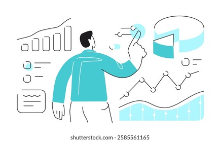 Businessman researches financial analysis with internet. Growing income, investing money, increasing revenue