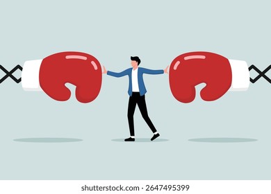 A businessman resisting punches from toy boxing machines from both sides, Illustration concept of Resisting pressure from multiple sources or challenges faced in business