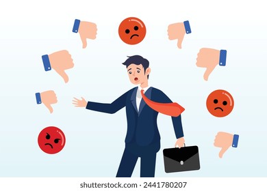Businessman response to negative feedback, response to negative feedback, dislike or bad customer review rating, handle complaint, business mistake or problem, satisfaction or angry opinion (Vector)