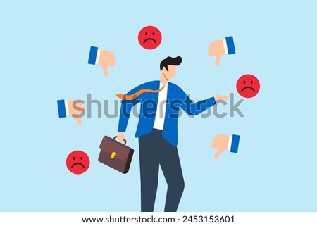 Businessman response to negative feedback, illustrating addressing dissatisfaction, dislikes, or bad customer reviews. Concept of handling complaints, and acknowledging business mistakes or problems