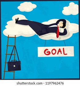 Businessman resting in the clouds after achieving goal, conceptual retro style vector graphic