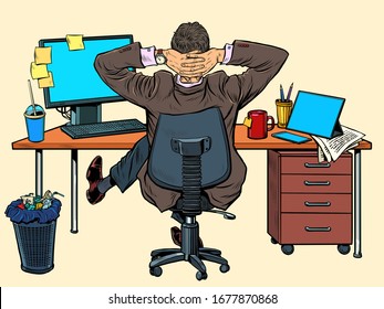 Businessman Resting In The Office At His Desk. Pop Art Retro Vector Illustration Vintage Kitsch 50s 60s Style