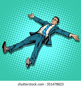 The businessman is resting with outstretched arms and legs pop art retro style. The success of pleasure. The joy of the work done. Vacation or day off