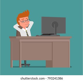 Businessman resting in the workplace putting his feet on the table. Vector illustration. Flat design style.