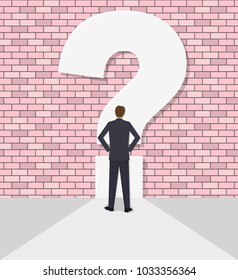 The businessman rests against a wall with a question mark. Concept of an impasse. Barrier, obstacle, dilemma. Difficulty in decision-making. A vector illustration in flat style