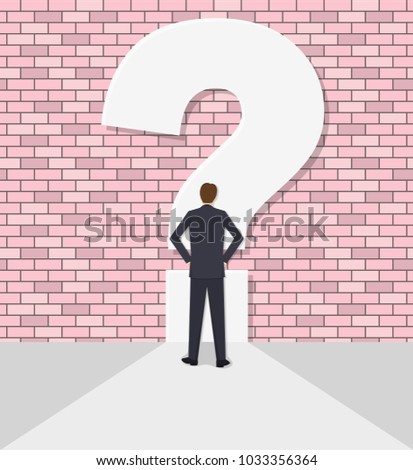 The businessman rests against a wall with a question mark. Concept of an impasse. Barrier, obstacle, dilemma. Difficulty in decision-making. A vector illustration in flat style