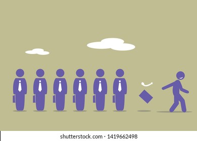 Businessman retired from work, illustration vector flat style. Men in suit and suitcase work employment conceptual. Retirement or resign from work, looking for another opportunities in life.