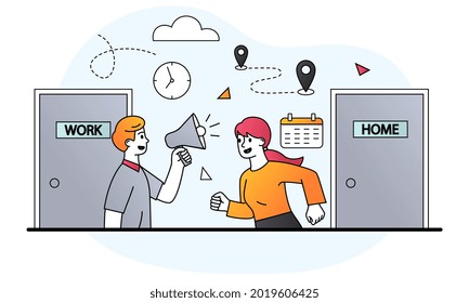 Businessman Return To Work Concept. Reopen Economy After Coronavirus Lockdown. Woman Runs To Work In Office After Removal Of Restrictions On Covid 19. Cartoon Doodle Flat Vector Illustration