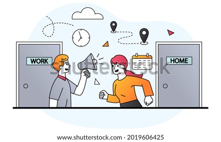 Businessman return to work concept. Reopen economy after Coronavirus lockdown. Woman runs to work in office after removal of restrictions on Covid 19. Cartoon doodle flat vector illustration