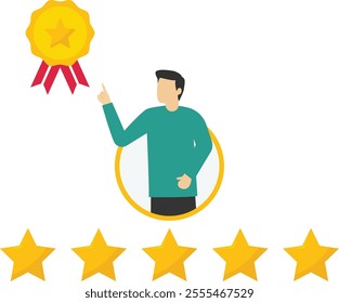 Businessman review by giving rating 5 stars, feedback from customer, use service on application, customer experience, Vector illustration design concept in postcard template

