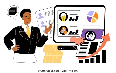 Businessman reviewing candidate profiles with data charts, resumes, and financial growth symbols on a white background. Hiring strategy concept