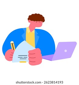 Businessman reviewing documents with a laptop, analyzing data and making decisions, office workspace concept flat vector illustration