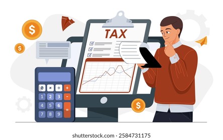 Businessman reviewing tax documents with calculator, charts, and financial data on a digital screen, representing accounting and taxation concepts