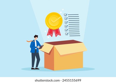 Businessman reviews quality with passed checklist, illustrating Quality Control, QC. Concept of ensure excellence in product and service delivery by checking and certifying that standards are met