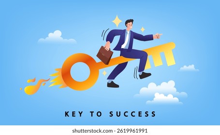businessman ridding on a golden big key. over their heads. happy businessmen. Knowledge and partnership can lead to success. Real estate and accommodation concept. Vector, flat and illustration