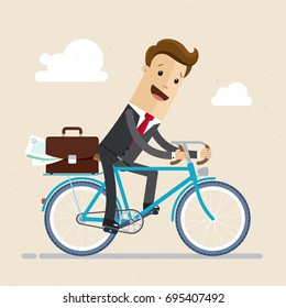 Businessman Ride A Bike To Work With Documents In Briefcase. Vector, Illustration, Flat