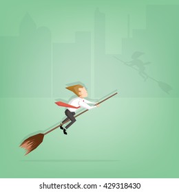 Businessman ride broom.  (business concept stock vector)