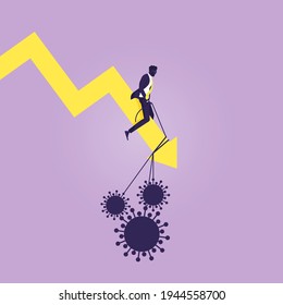 Businessman ride Economy graph chart down because coronavirus or covid virus