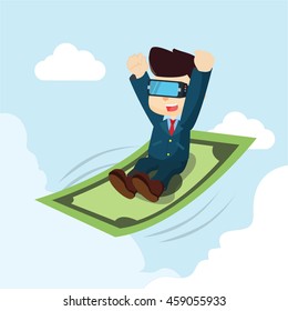 businessman ride a flying money with virtual reality