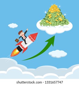 Businessman ride flying rocket through clouds to money, illustration vector cartoon
