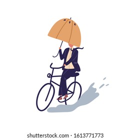 Businessman ride on bicycle under umbrella vector flat illustration. Cartoon man in suit cycling on puddle at autumn rainy day isolated on white background. Male way on bicycling overcoming obstacles.